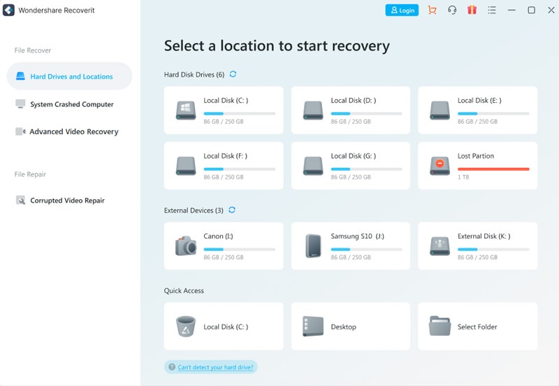 select the drive or a file location to start recovery