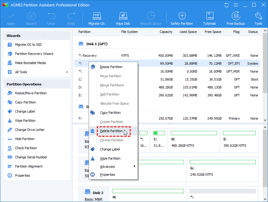 selecting efi partition to delete