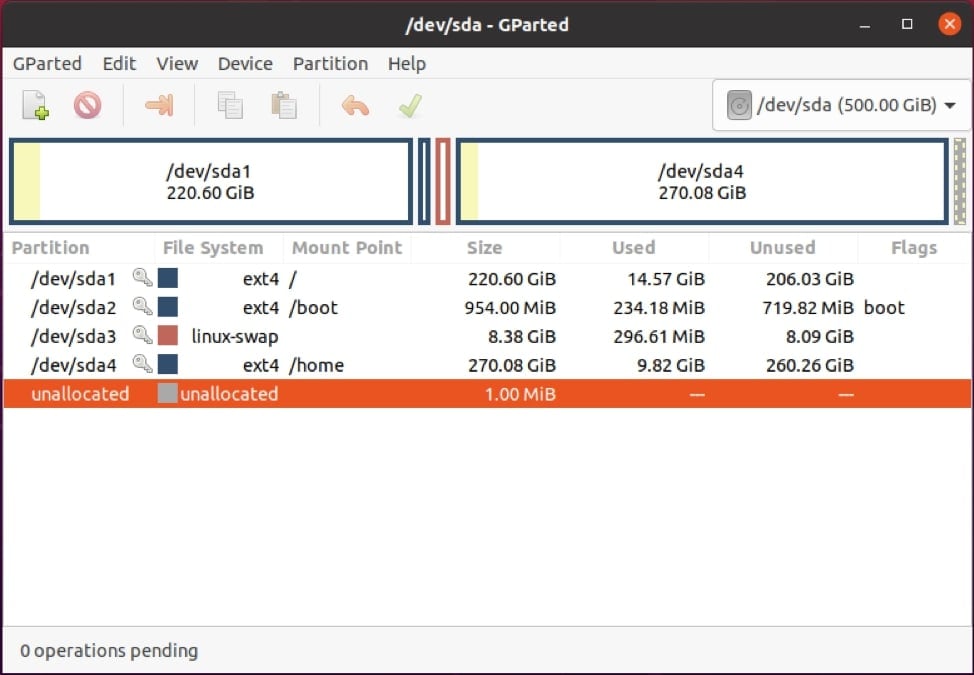 display all linux partitions on gparted