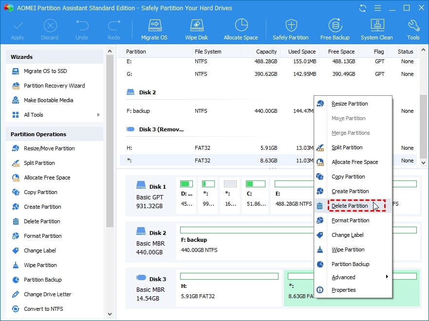 delete usb partition in aomei