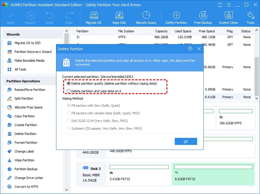 select deleting method in aomei