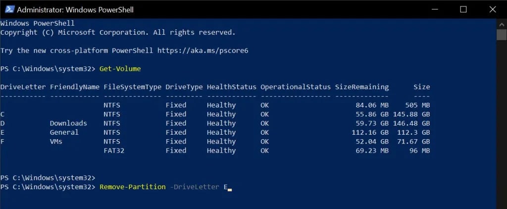 removing the partition in windows powershell