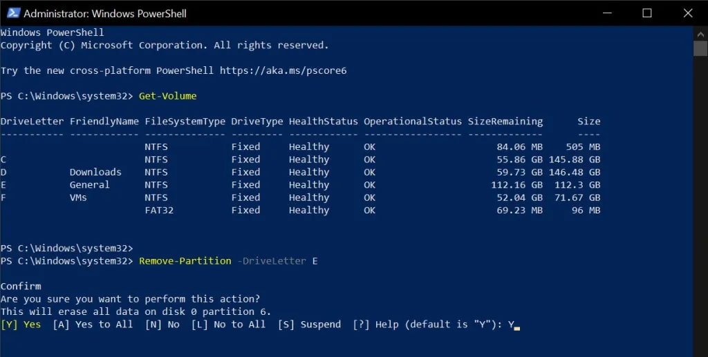 delete the selected partition in powershell