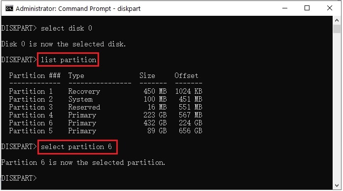 delete partitions with partition command