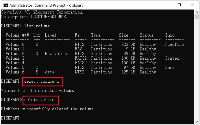 delete partitions with volume command