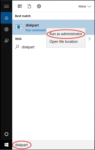 open diskpart and run as administrator