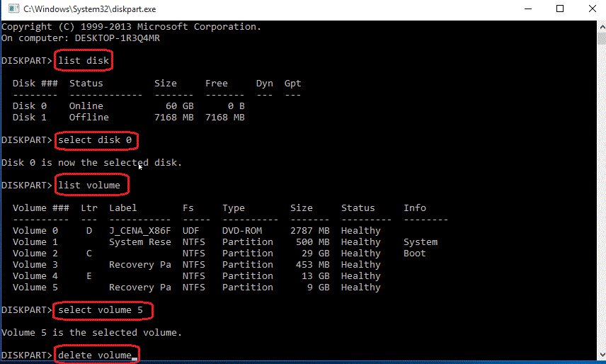 diskpart commands to delete recovery partition