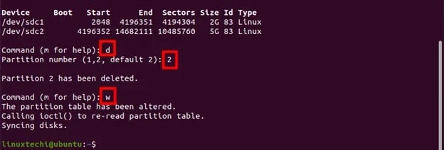 delete the second partition in linux