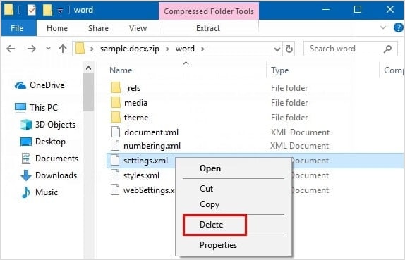 delete seetings.xml in the word folder