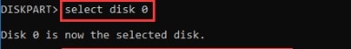 selecting the disk in diskpart