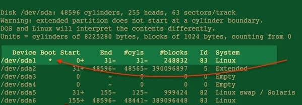 finding linux boot partition sfdisk command