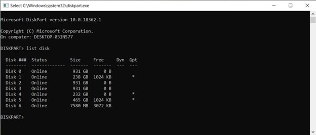 run the list disk command