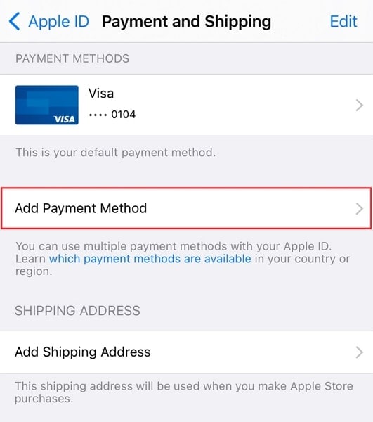 select add payment method option