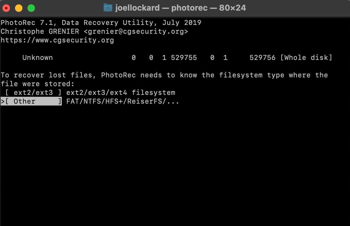 select file system in photorec