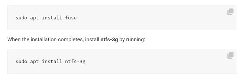 install ntfs3g and fuse