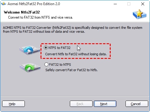 select the ntfs to fat32 option on aomei partition assistant