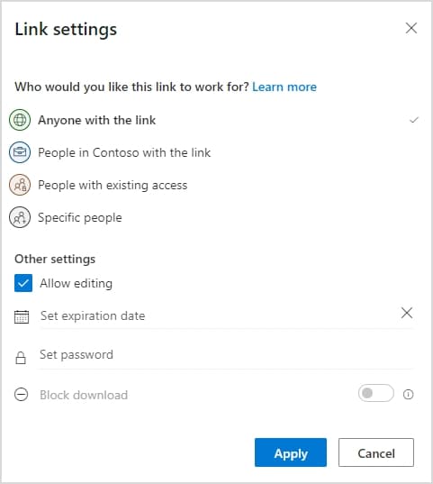 share link settings of onedrive