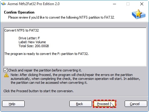 click proceed to format ntfs to fat32 without losing data