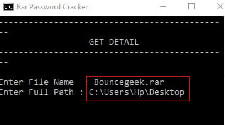 type file name and folder in the cmd rar password cracker