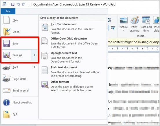 click save as in wordpad