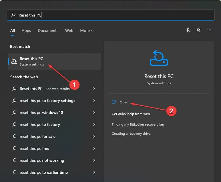 reset this pc system setting