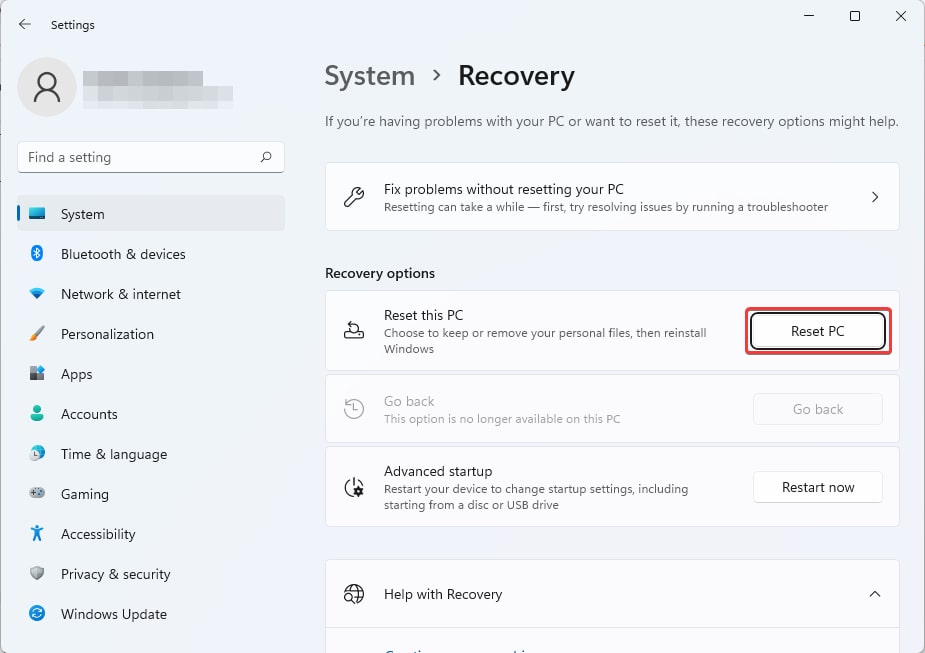 reset pc in system recovery
