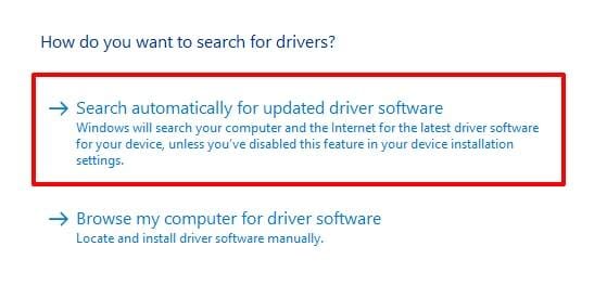 two options to search for the updated driver software on windows