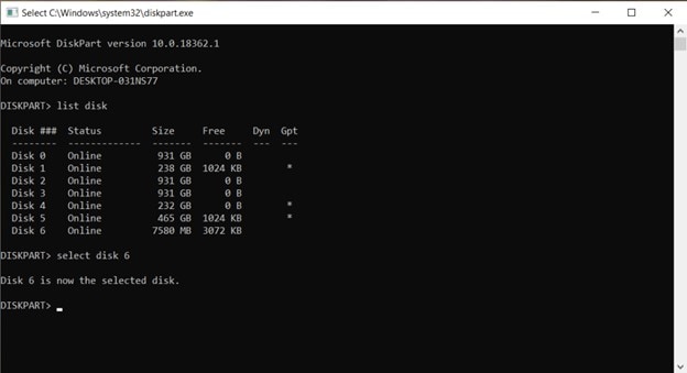 execute the select disk command