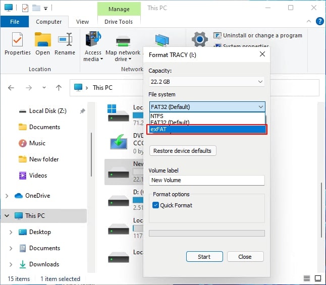 choose exfat format on the drive using file explorer