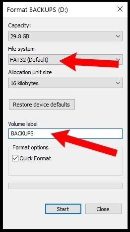 select fat32 to format the usb drive