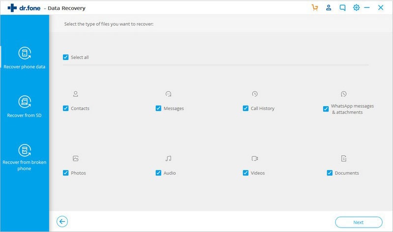 choose the file types for scanning lost contacts