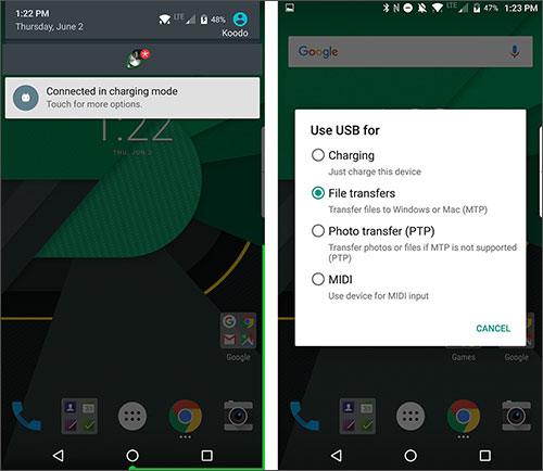 connect android to pc and choose the connection mode