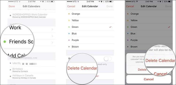 how to delete calendar from iphone
