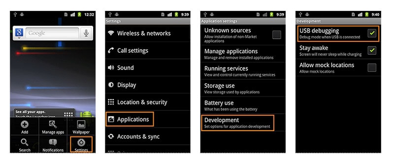 enable the usb debugging on android 2.0 to 2.3