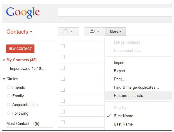 how do i restore my gmail contacts