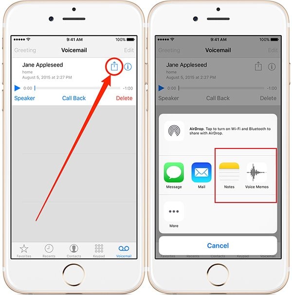 save iPhone voicemail as a note or voice memo