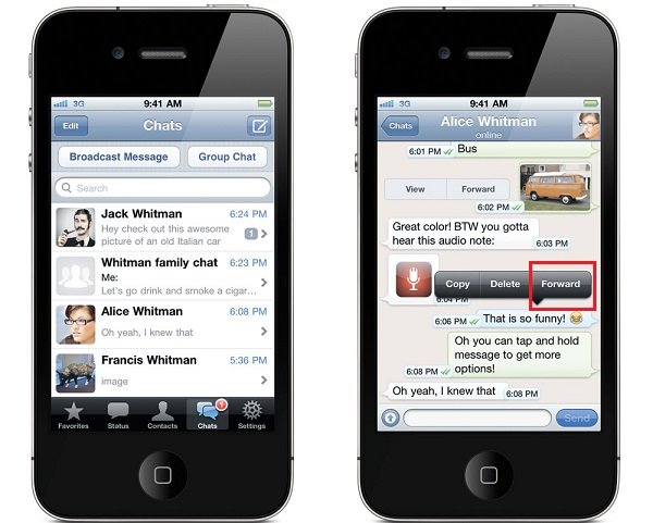 forward whatsapp message on iphone