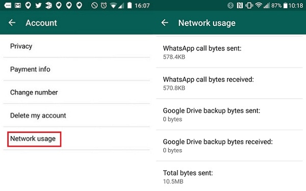 wahtsapp Network Usage Settings