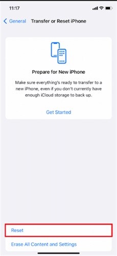 reset in iphone general page