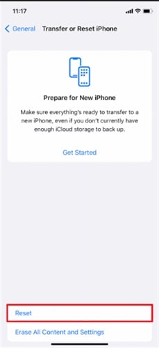 reset in iphone general page