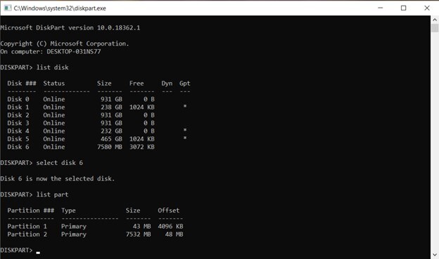 run the command list part in the diskpart