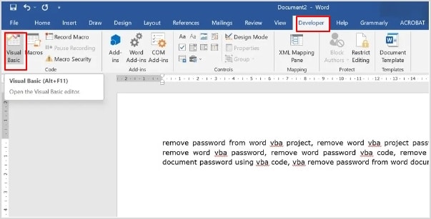 click developer > visual basic in the word document