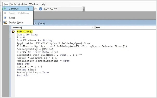 copy and paste the vba code to crack password