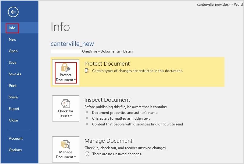 go to word protect document in the info section