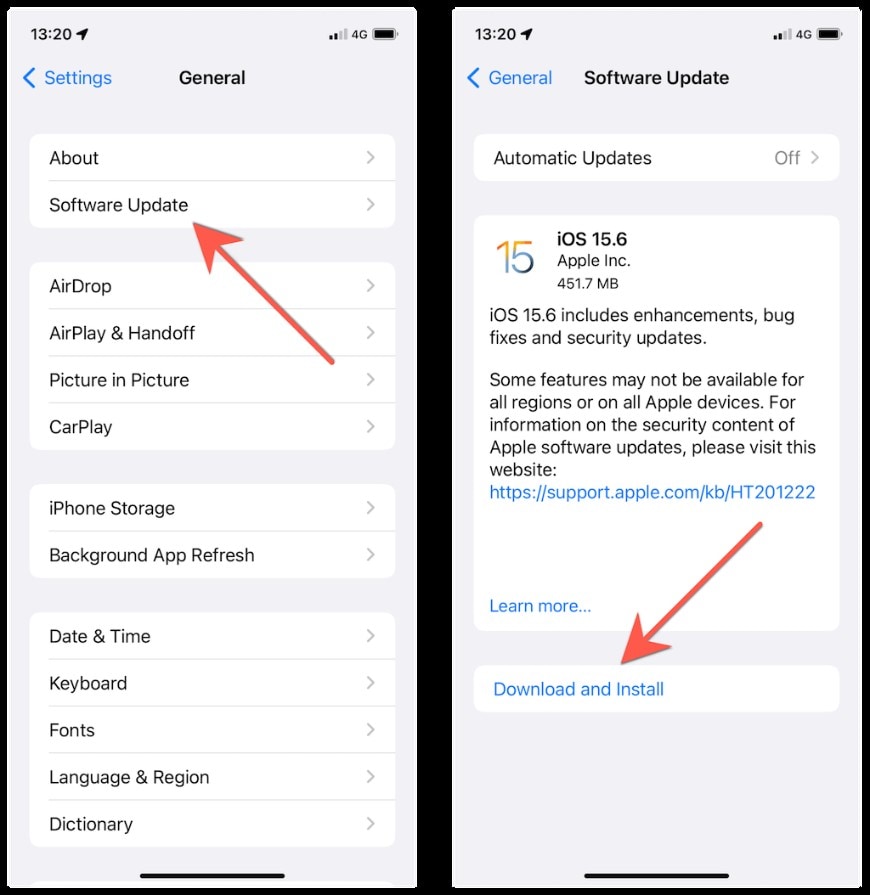 software update settings for iphone