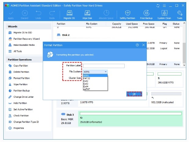 select the file system for formatting