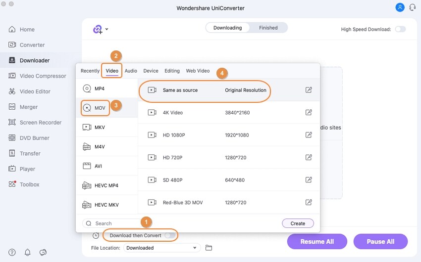 youtube to mov converter-choose format