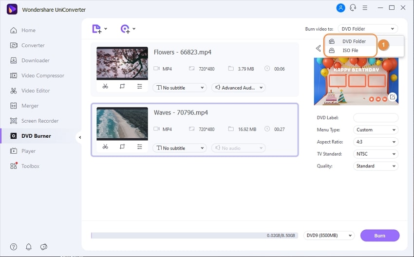 Burn MP4 to DVD with UniConverter burner