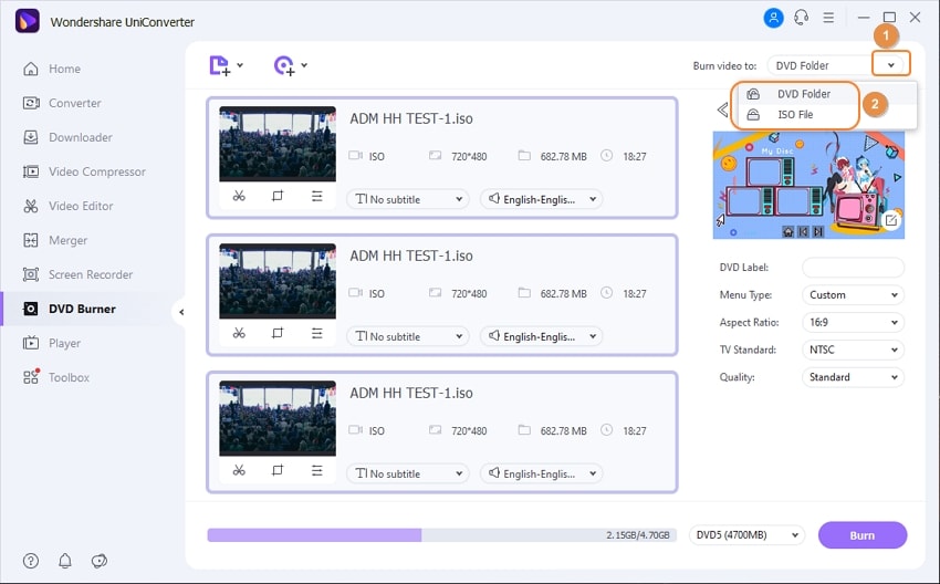 Insert a blank disc and burn mp4 to dvd video