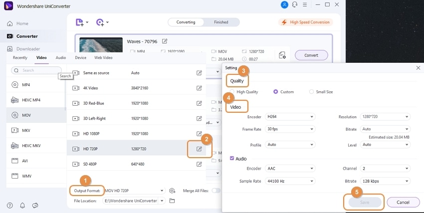 configurar para comprimir los archivos mov